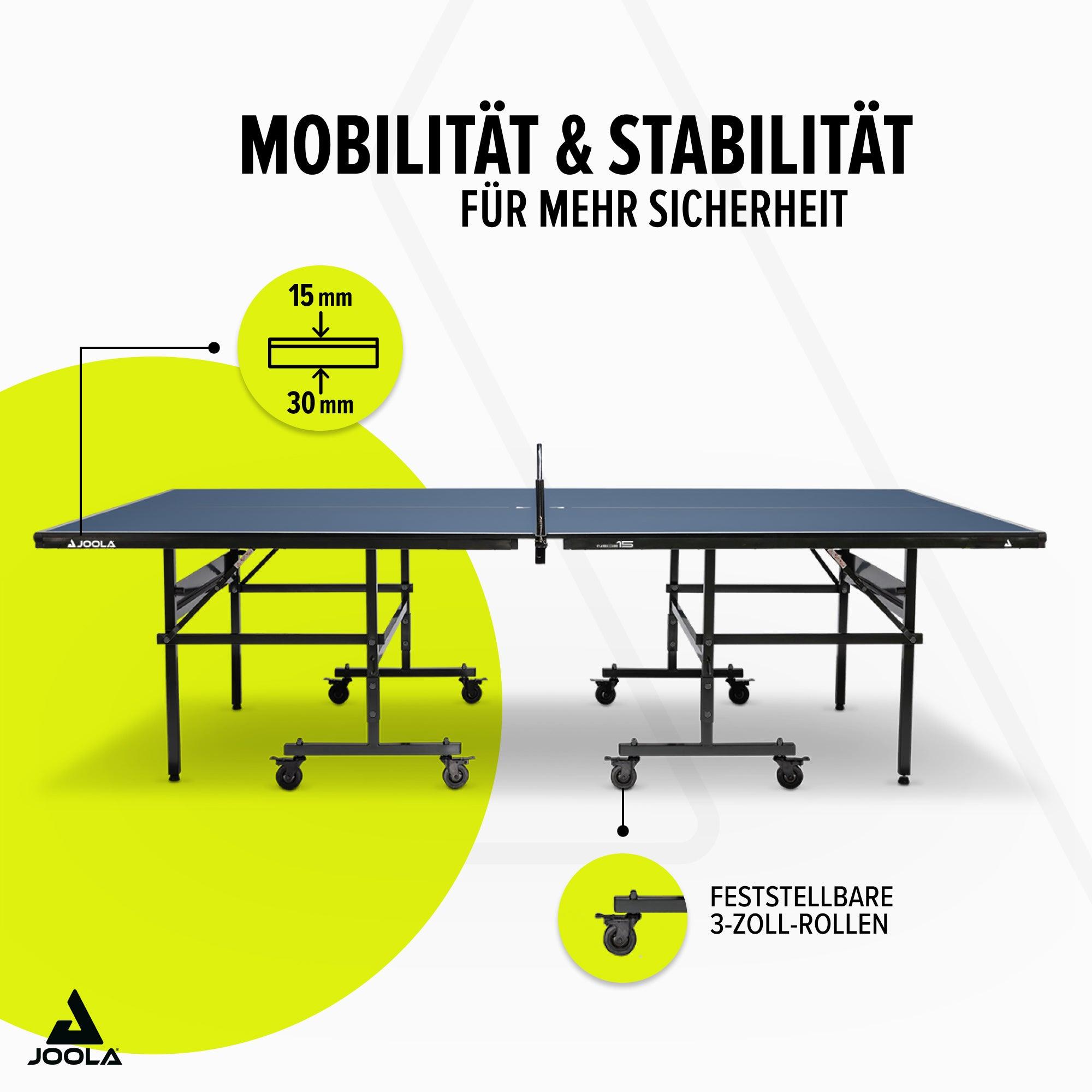Tischtennisplatte mit 30 mm Spielfläche und feststellbaren 3-Zoll-Rollen für Mobilität und Stabilität.