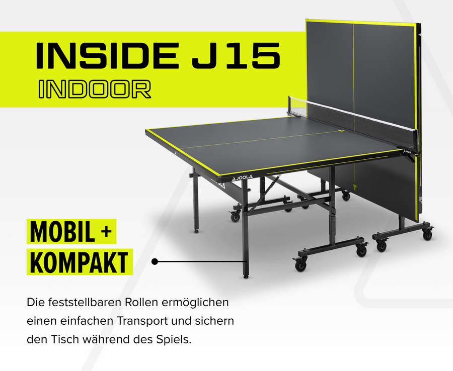 Tischtennisplatte Joola Inside J15 Indoor, mobil und kompakt mit feststellbaren Rollen, schwarz mit gelben Linien.