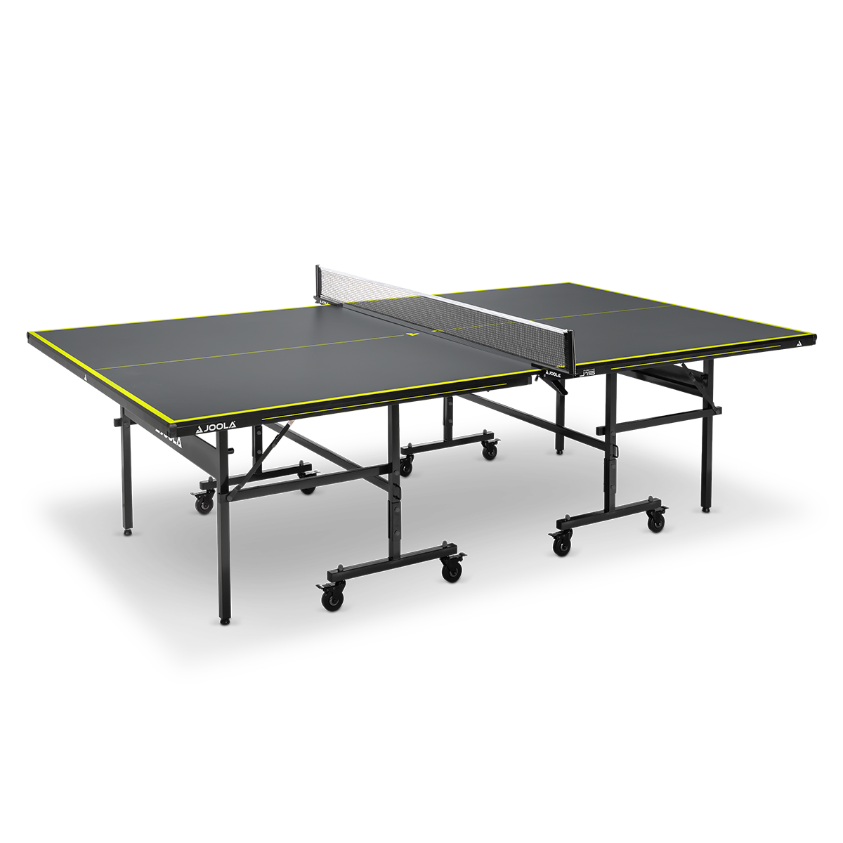 Schwarzer JOOLA Tischtennistisch mit gelben Linien, Netz und klappbarem Gestell auf Rollen.