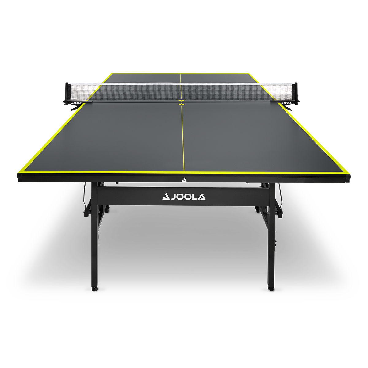 Schwarzer JOOLA Tischtennistisch mit gelben Linien und Netz, frontal aufgenommen.