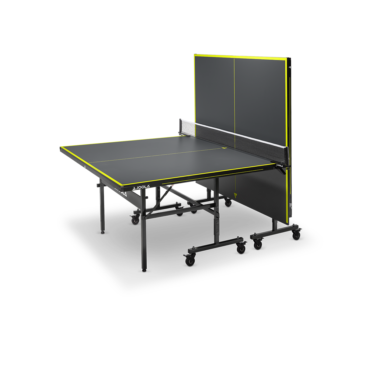 Klappbarer Tischtennistisch in Schwarz mit gelben Linien, teilweise hochgeklappt.