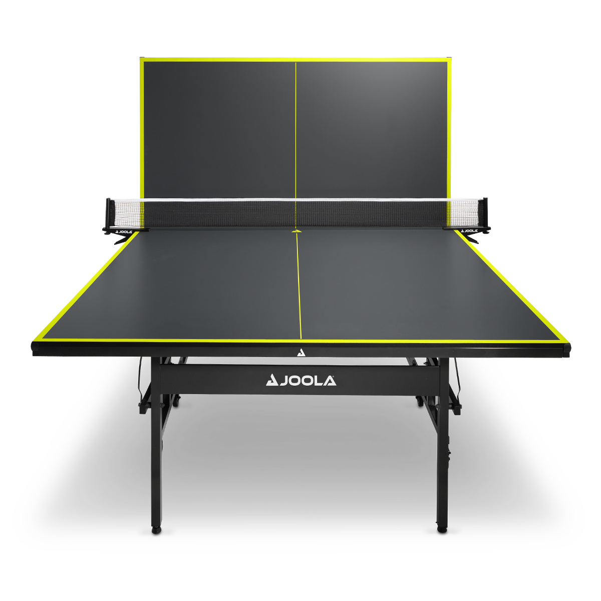 Schwarzer JOOLA Tischtennistisch mit gelben Linien und Netz, eine Spielfeldhälfte hochgeklappt.