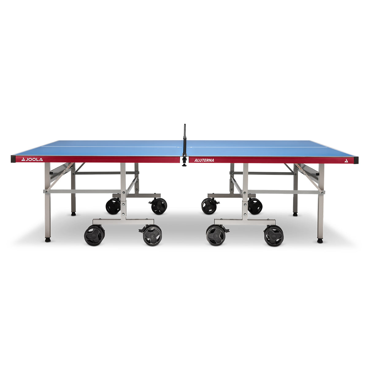 Blauer JOOLA Aluterna Tischtennistisch mit rotem Rahmen und schwarzen Rädern, freistehend vor weißem Hintergrund.