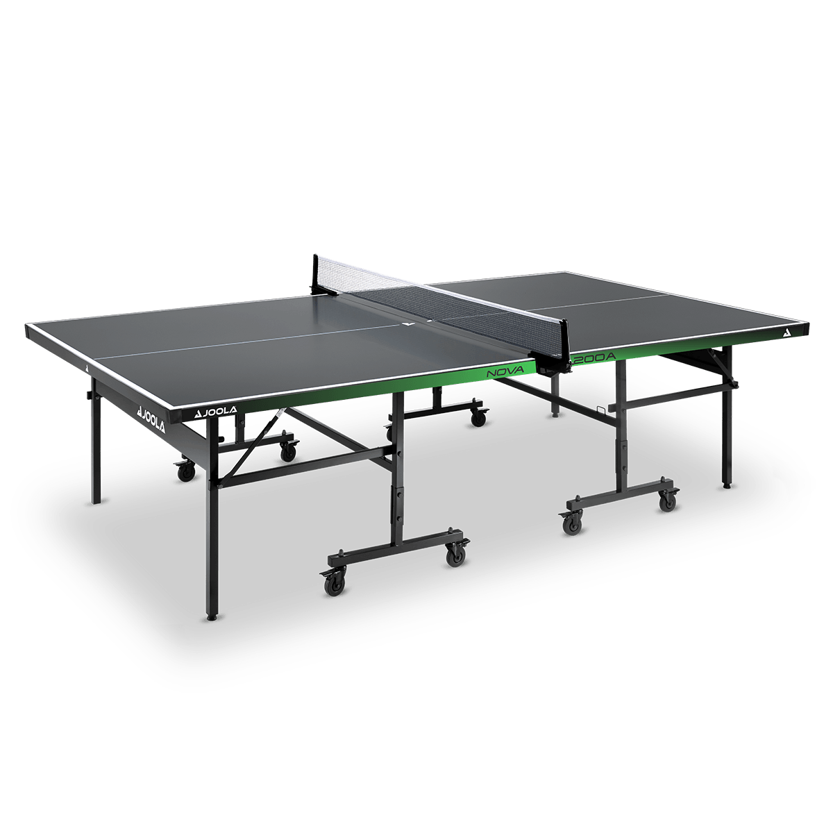 Schwarzer JOOLA Tischtennistisch mit grünem Rahmen und Netz, auf Rollen fahrbar.