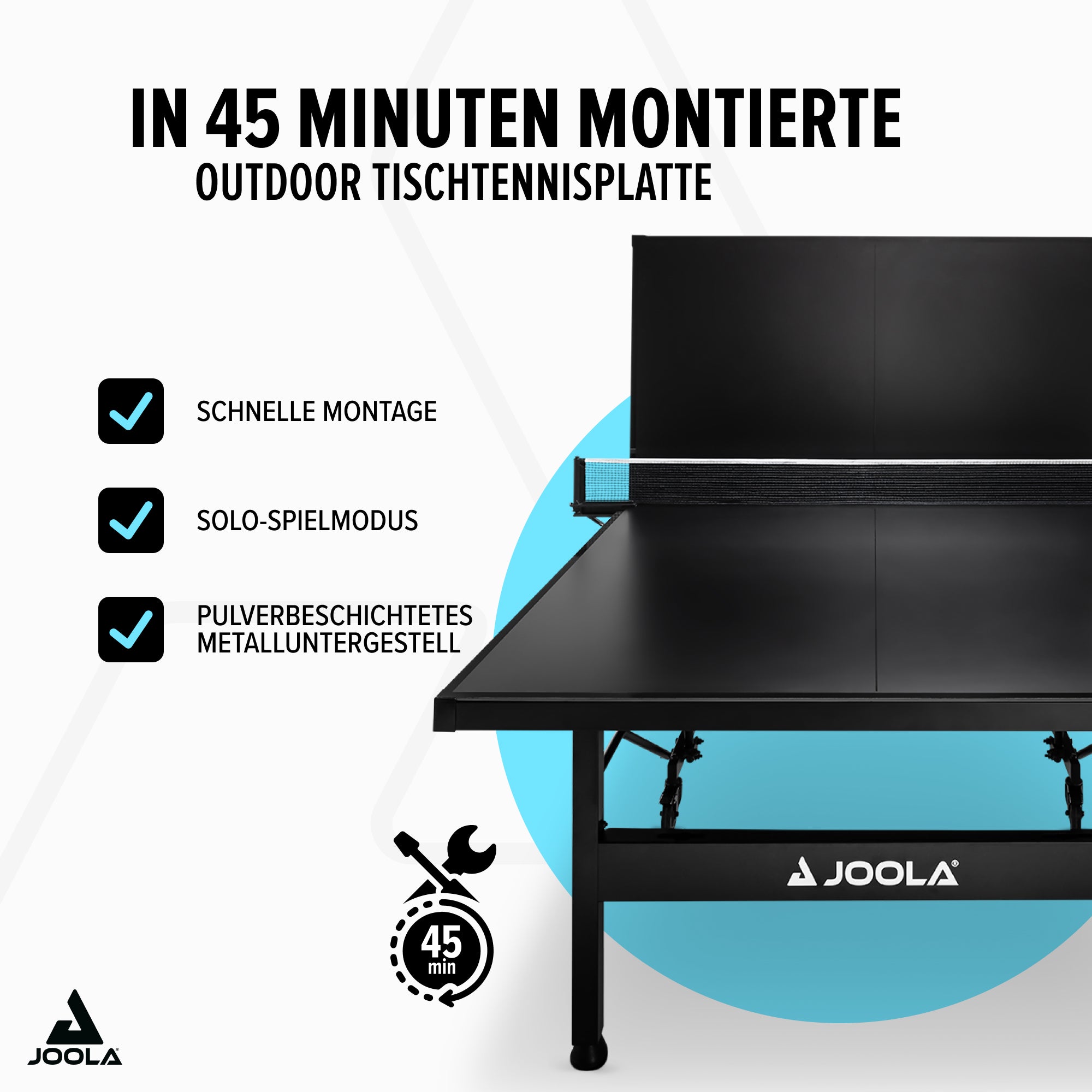 Outdoor Tischtennisplatte von JOOLA mit schneller Montage in 45 Minuten, Solo-Spielmodus und pulverbeschichtetem Metalluntergestell.