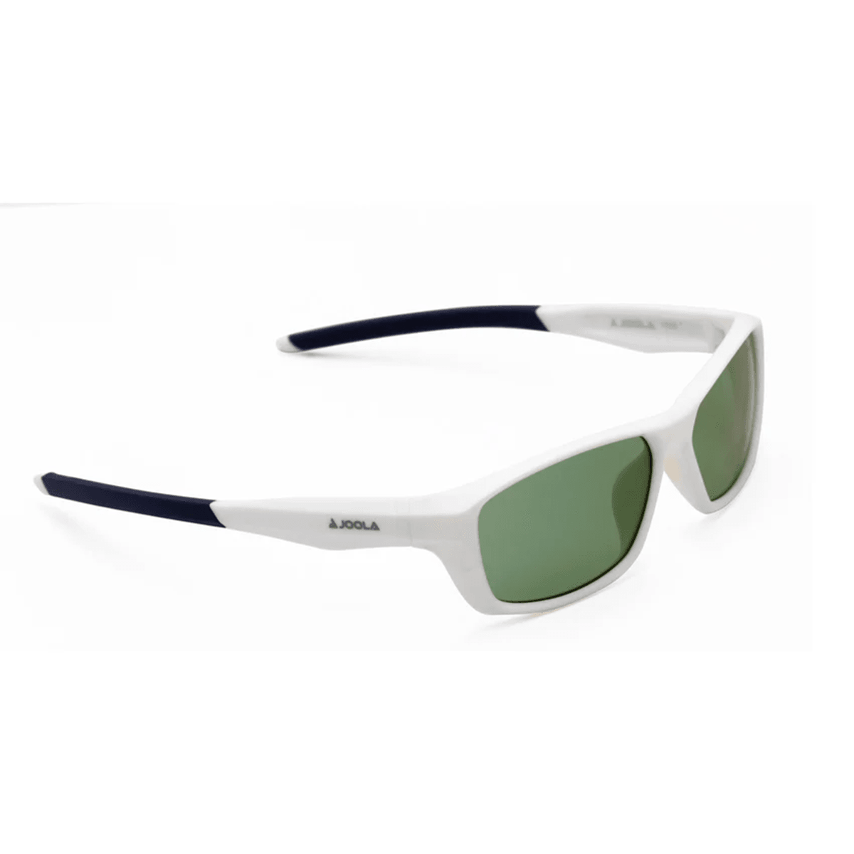 Weiße Sport-Sonnenbrille mit grünen Gläsern und dunkelblauen Bügelenden, Marke JOOLA.
