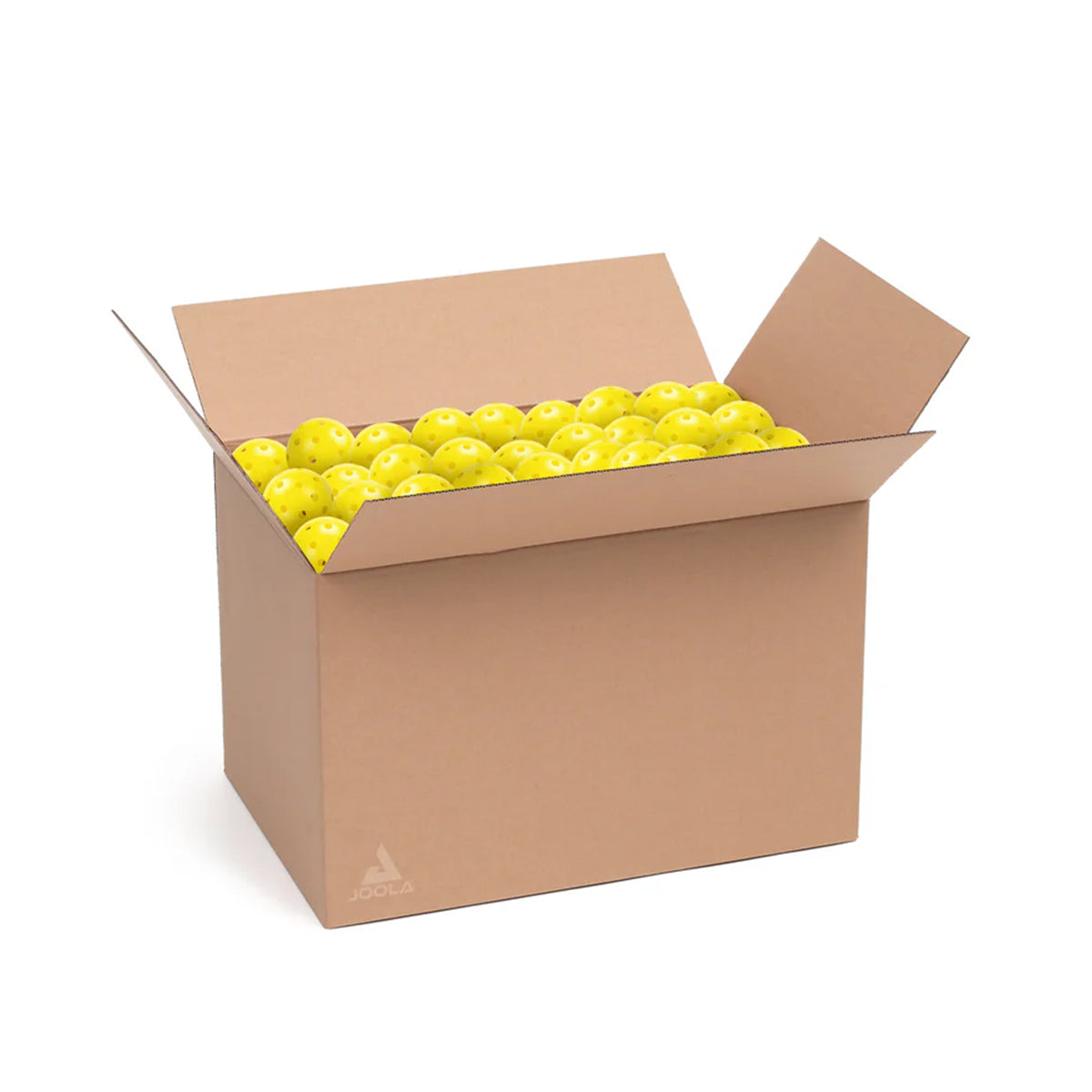 Offene Kartonbox gefüllt mit gelben Plastik-Trainingsbällen mit Löchern.