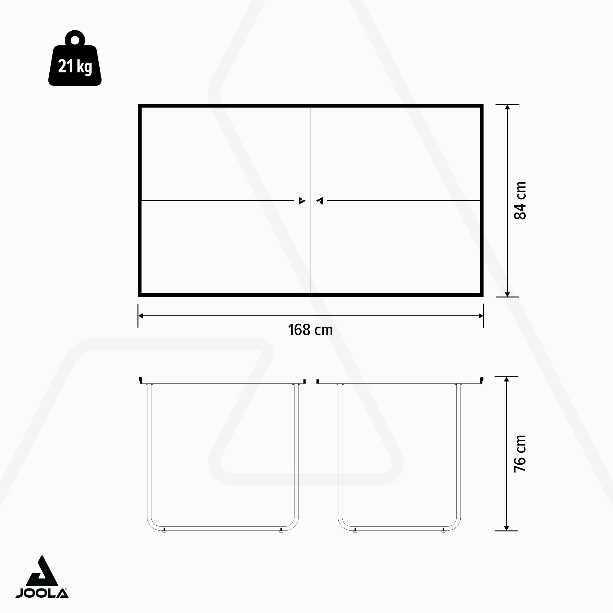 Technische Zeichnung eines Tischtennistischs mit den Maßen 168 x 84 x 76 cm und einem Gewicht von 21 kg.
