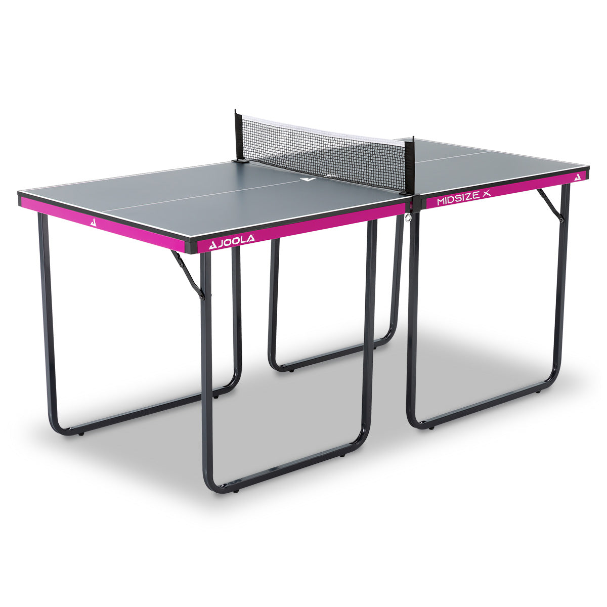 Kleiner grauer Tischtennistisch mit schwarzem Netz und pinken Kanten, Marke JOOLA Midsize X.