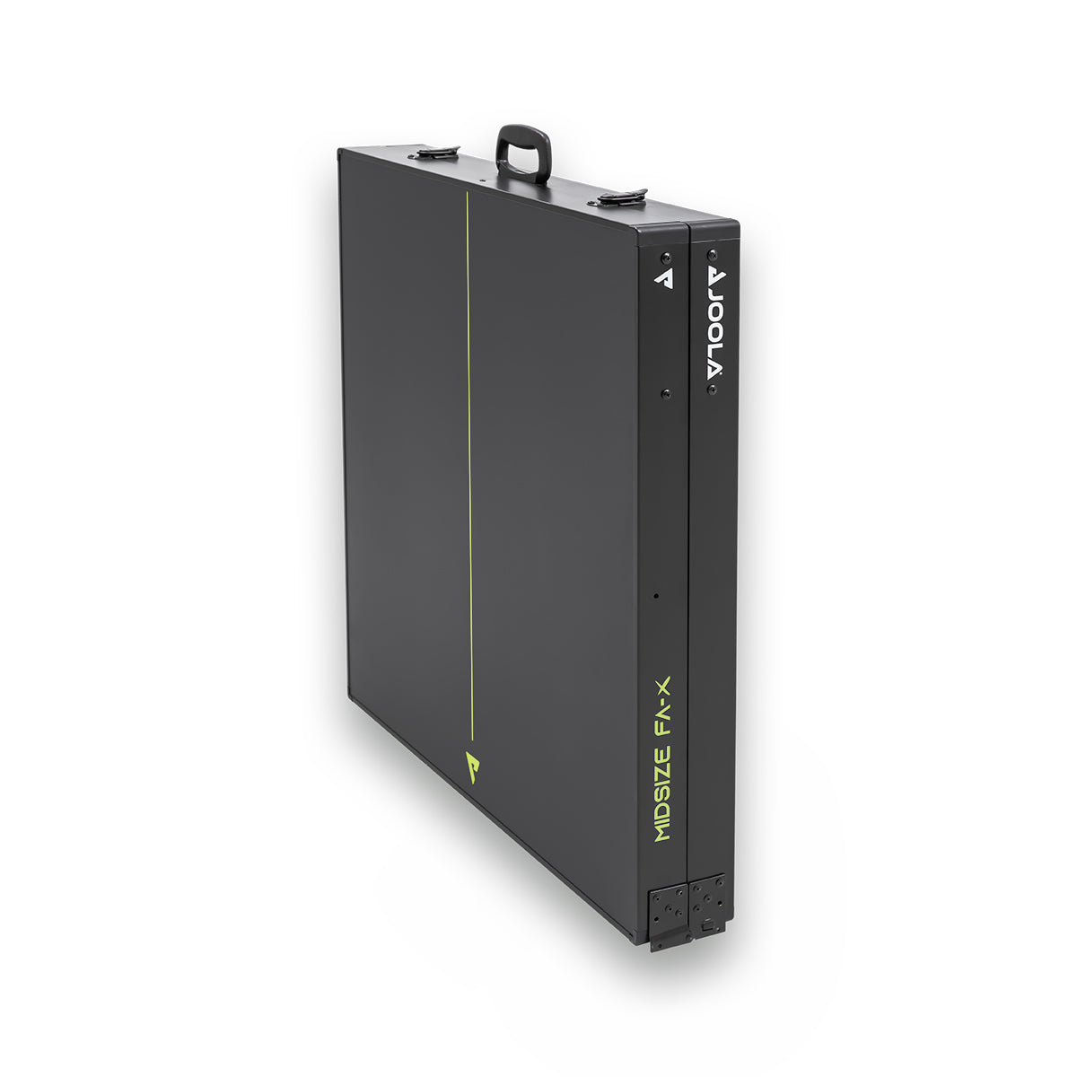 Klappbarer, schwarzer Tischtennistisch mit Tragegriff und Aufschrift „MIDSIZE FA-X“ und „JOOLA“.