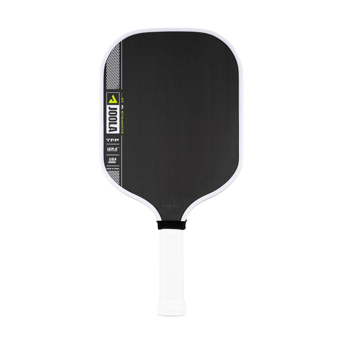 Schwarzer Pickleball-Schläger mit weißem Griff und weißem Rand.