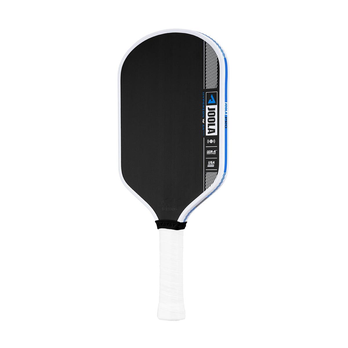 Pickleball-Schläger JOOLA Hyperion V 2.0 in Schwarz und Weiß mit blauem Akzent.