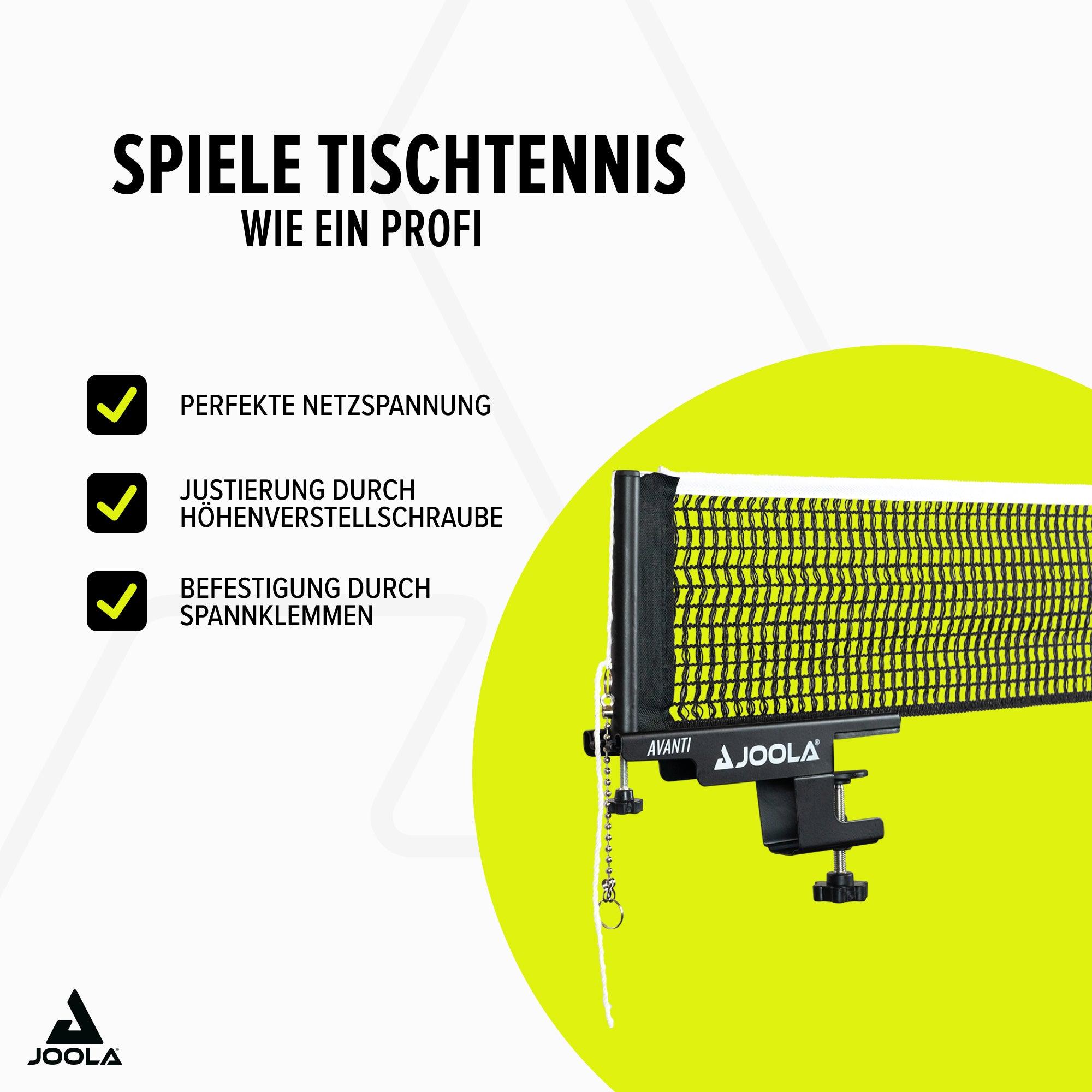 Tischtennisnetz mit Spannklemme und Höhenverstellschraube von JOOLA vor weißem Hintergrund mit Produktmerkmalen.