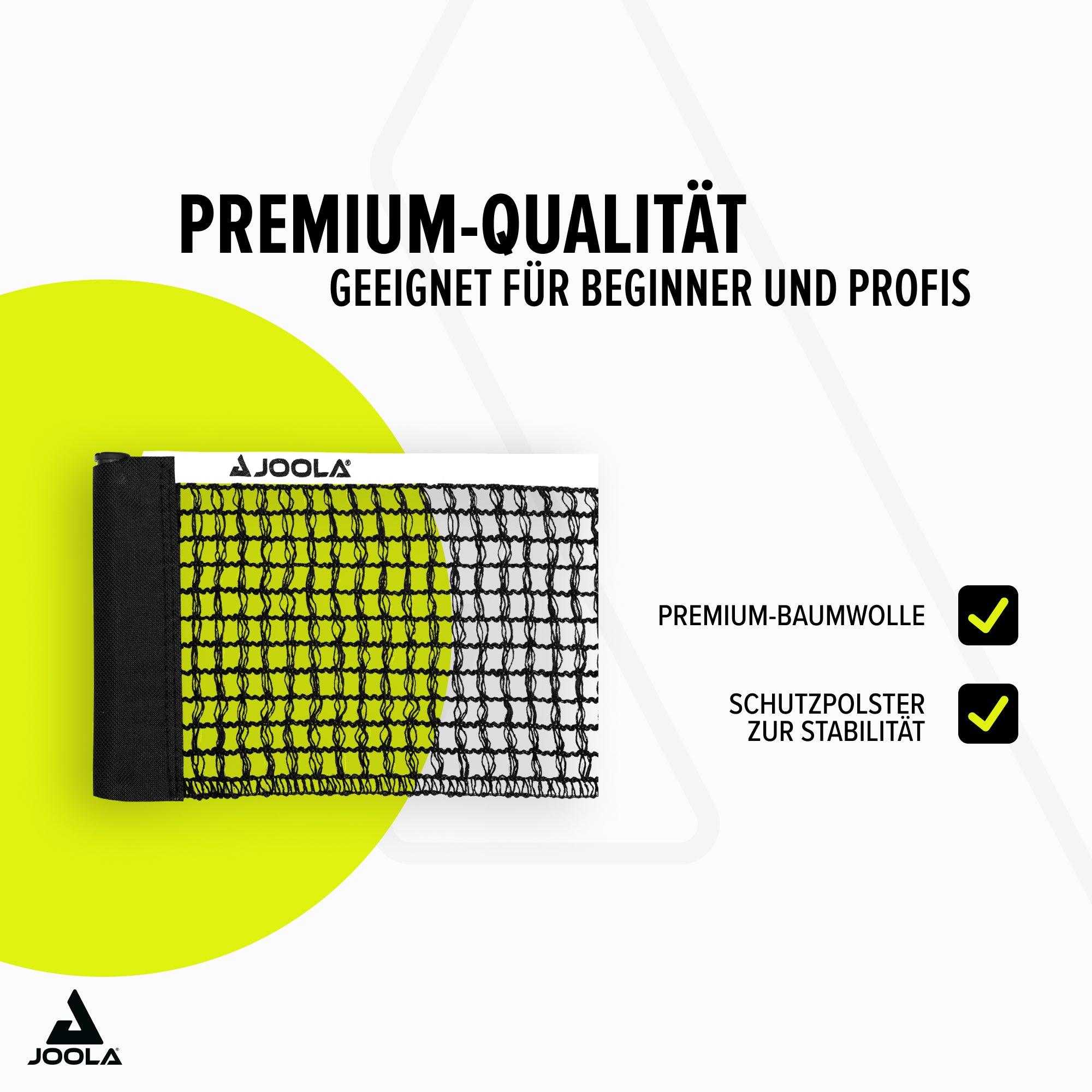 Tischtennisnetz von JOOLA aus Premium-Baumwolle mit Schutzpolster, geeignet für Anfänger und Profis.