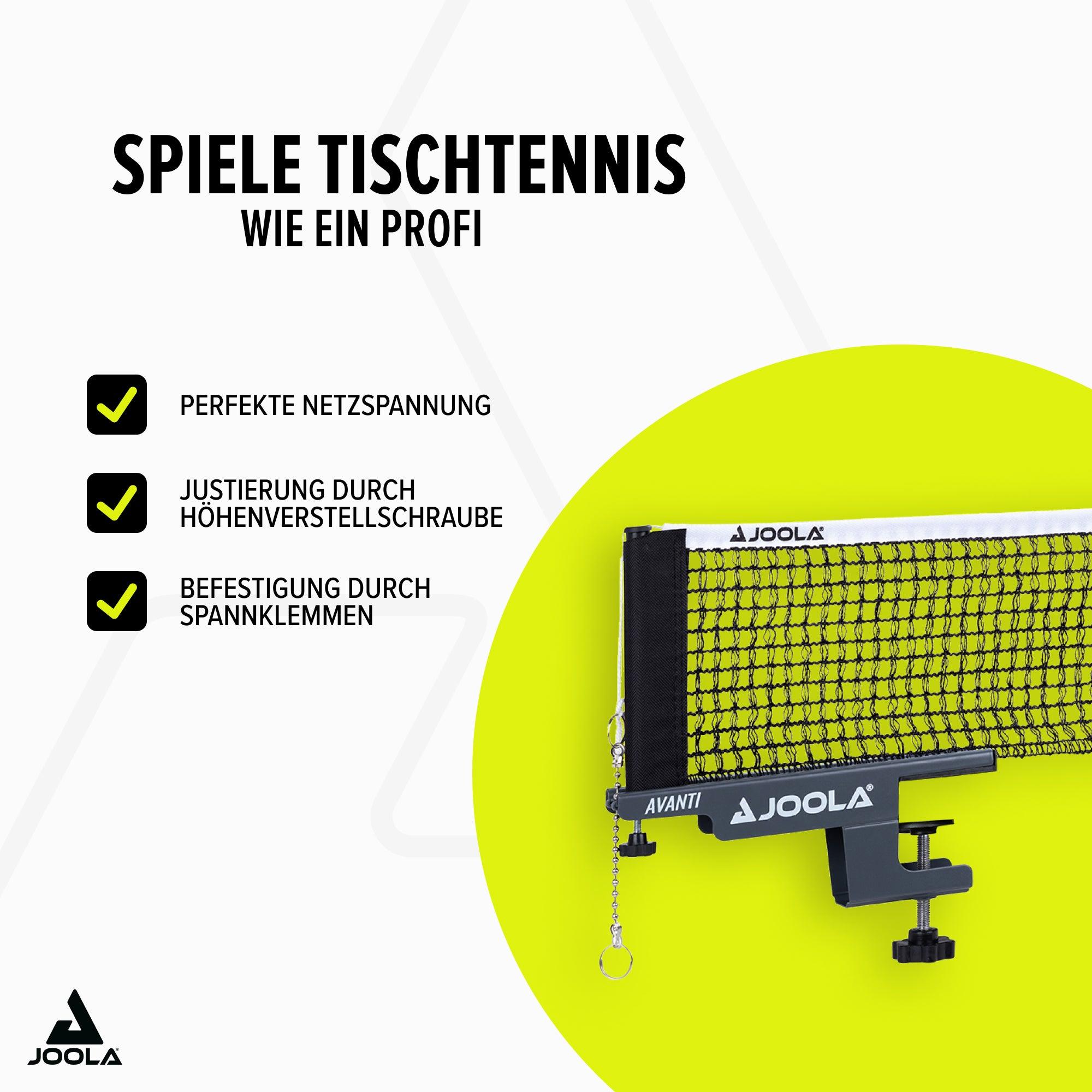 Tischtennisnetz mit Spannklemme und Höhenverstellschraube von JOOLA vor gelbem Hintergrund.