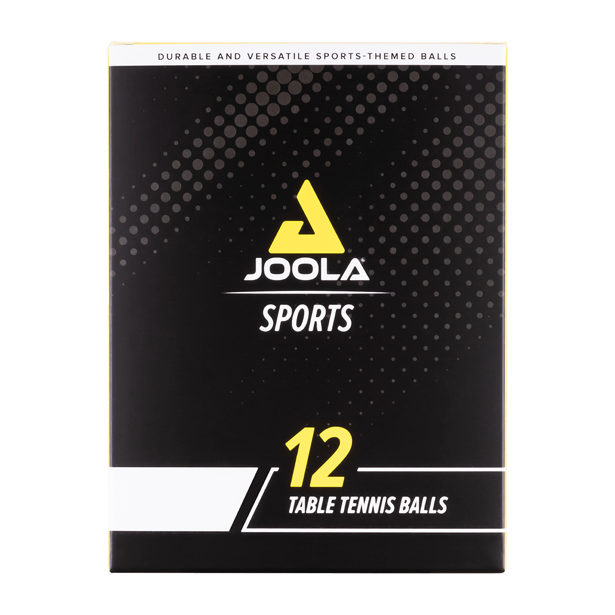 Schwarze Verpackung mit gelbem JOOLA-Logo, Aufschrift "12 Table Tennis Balls", Tischtennisbälle.