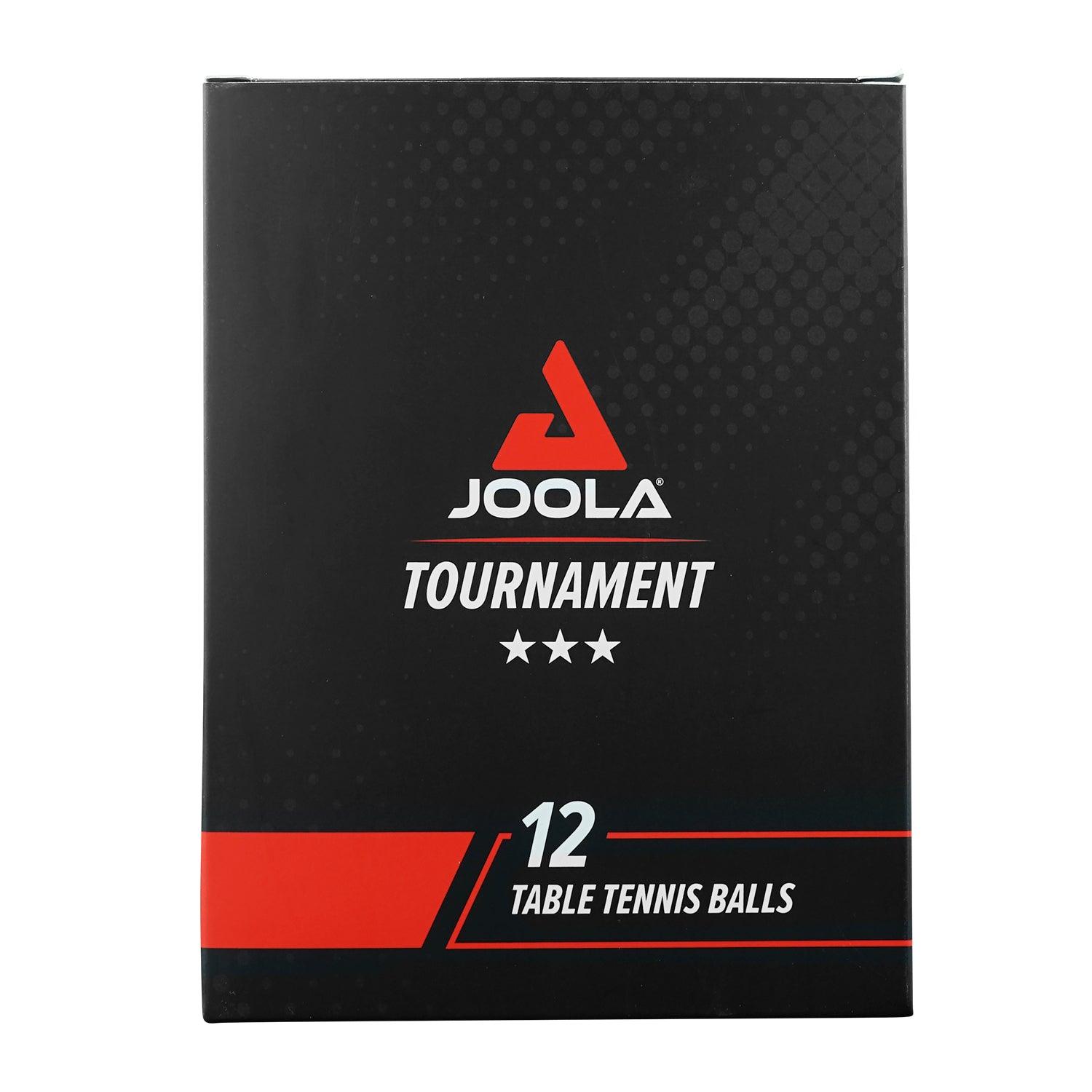 Schwarze Verpackung mit rotem JOOLA-Logo, Aufschrift "Tournament" und Hinweis auf 12 Tischtennisbälle.