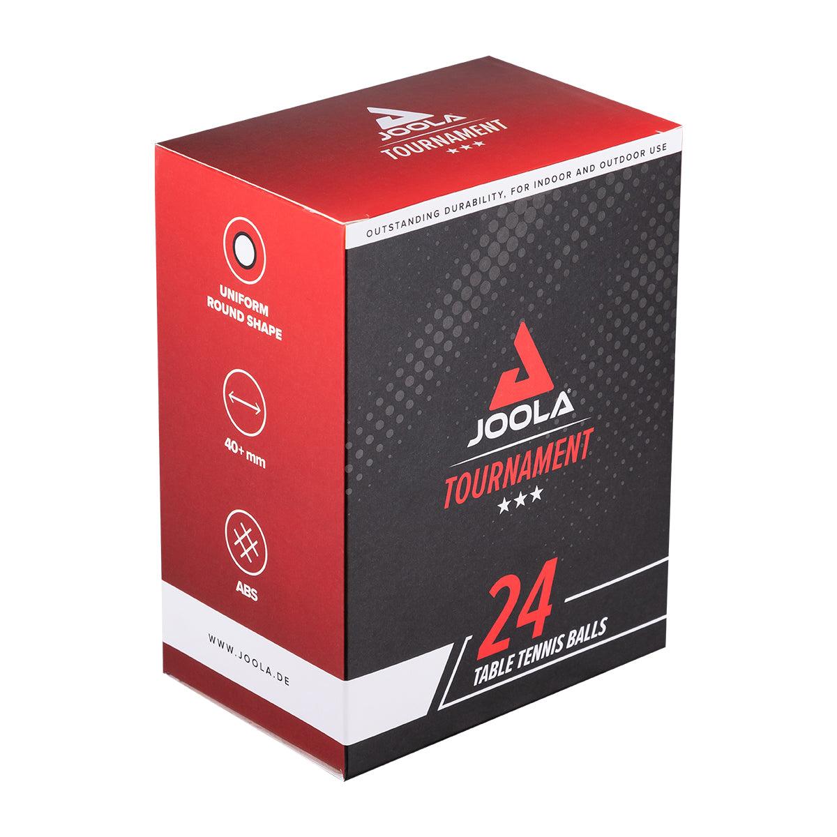 Verpackung mit 24 JOOLA Tournament Tischtennisbällen, rot-schwarz, für Indoor- und Outdoor-Einsatz.