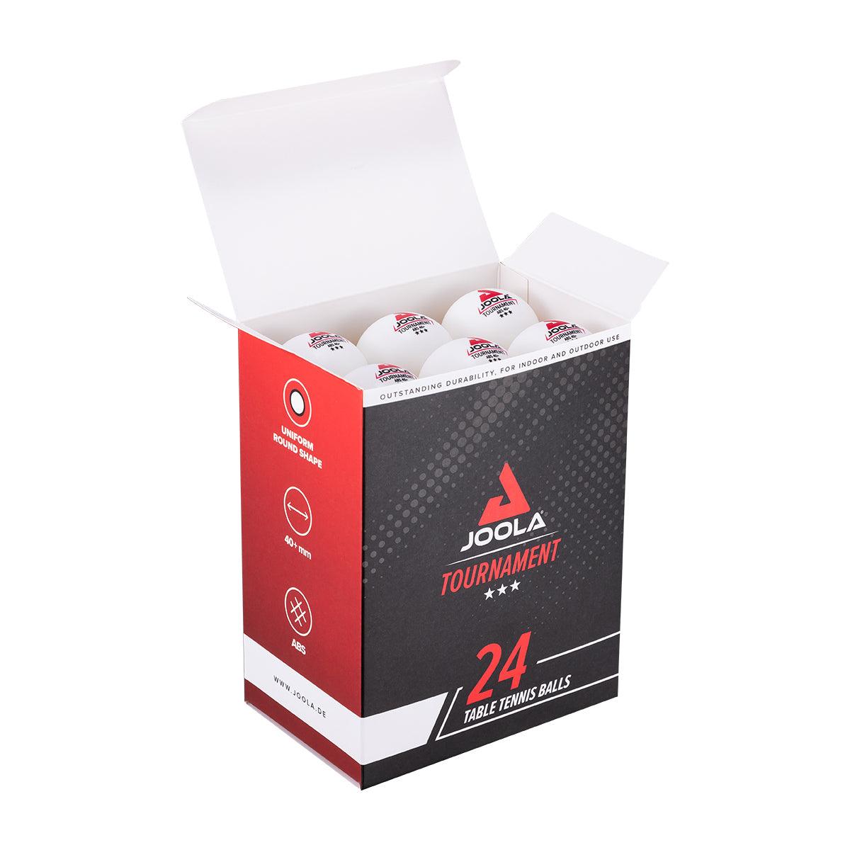 Geöffnete Verpackung mit 24 weißen Joola Tournament Tischtennisbällen.