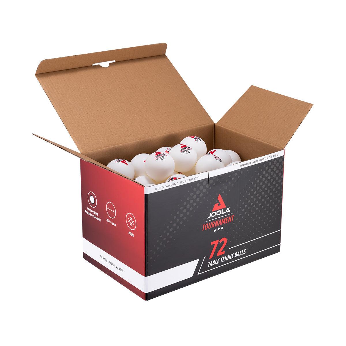 Offene Verpackung mit 72 weißen Joola Tournament Tischtennisbällen.
