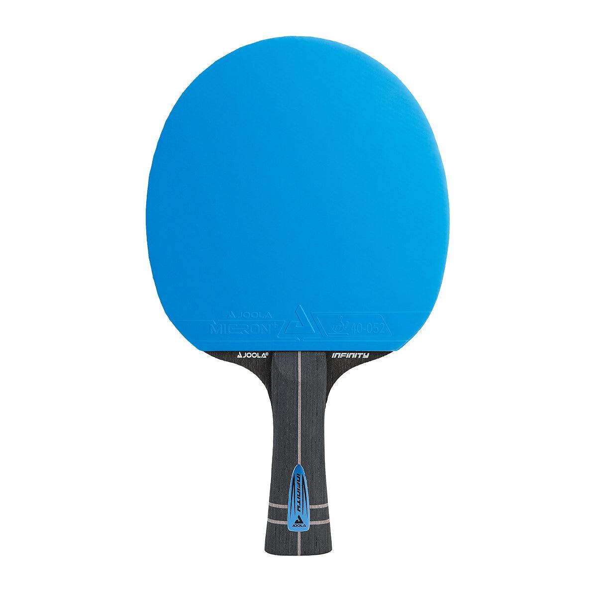 Blauer Tischtennisschläger mit schwarzem Griff von Joola, Modell Infinity.
