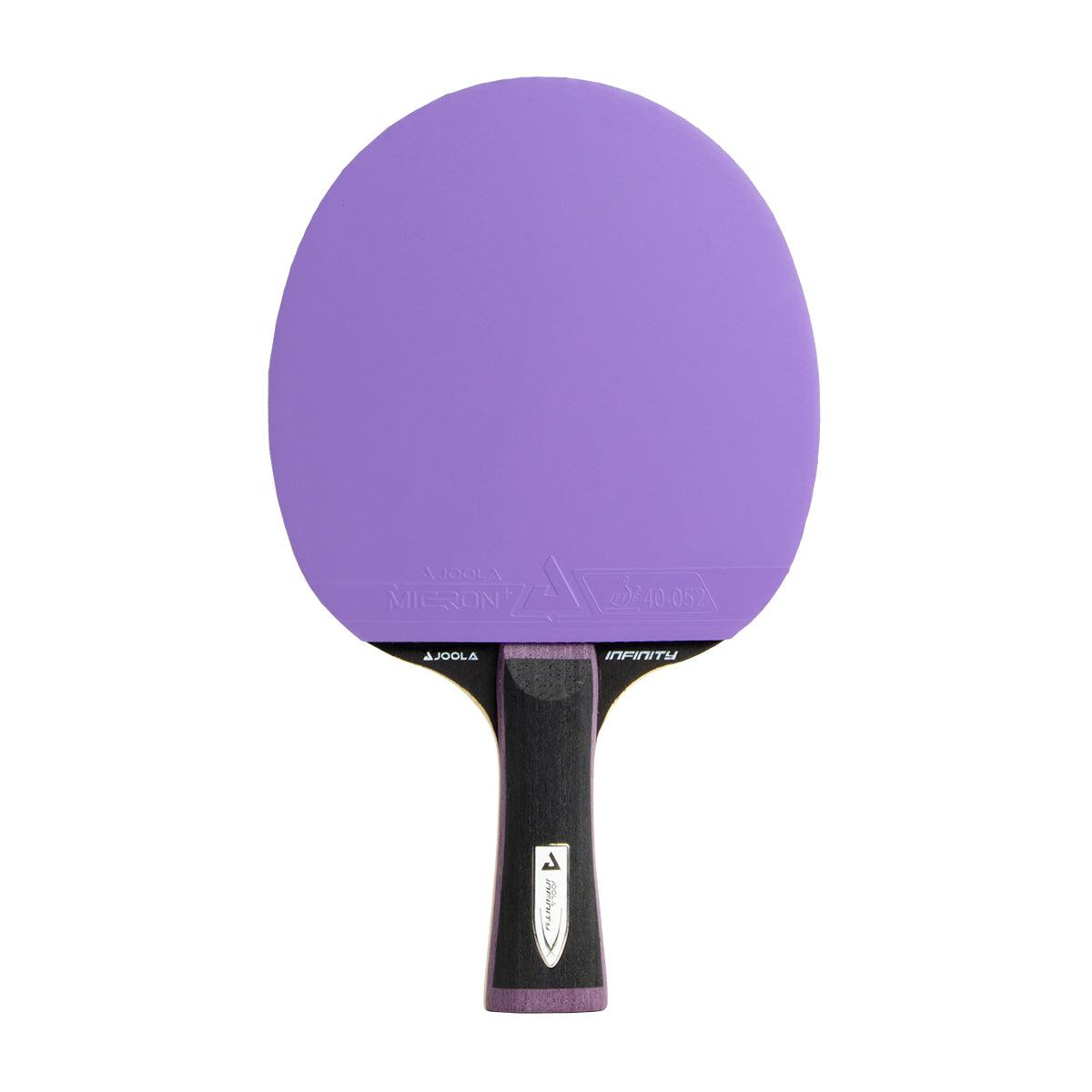 Tischtennisschläger mit lila Belag und schwarzem Griff, Marke Joola Infinity.