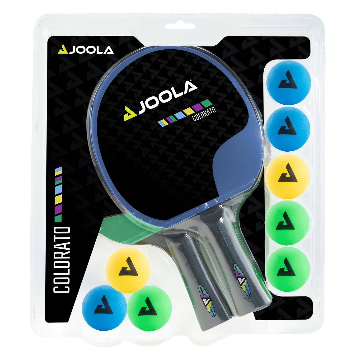 Tischtennisset von Joola mit zwei Schlägern und bunten Bällen in Blisterverpackung.