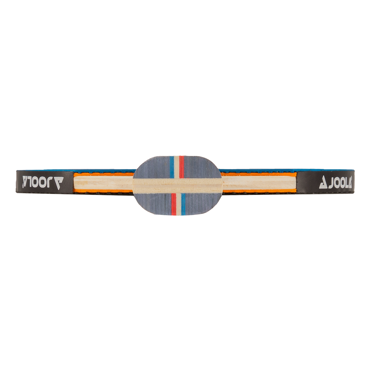 Tischtennisschläger von oben, mit blauem und orangem Belag und JOOLA-Logo auf dem Griff.