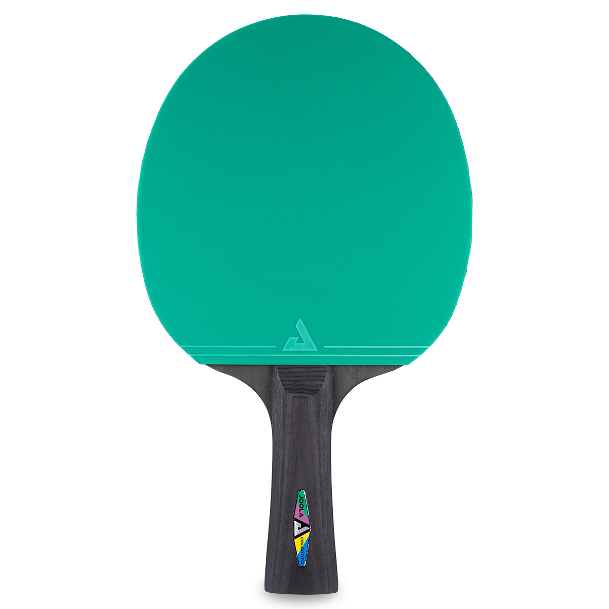 Tischtennisschläger mit grünem Belag und schwarzem Griff, freigestellt vor weißem Hintergrund.