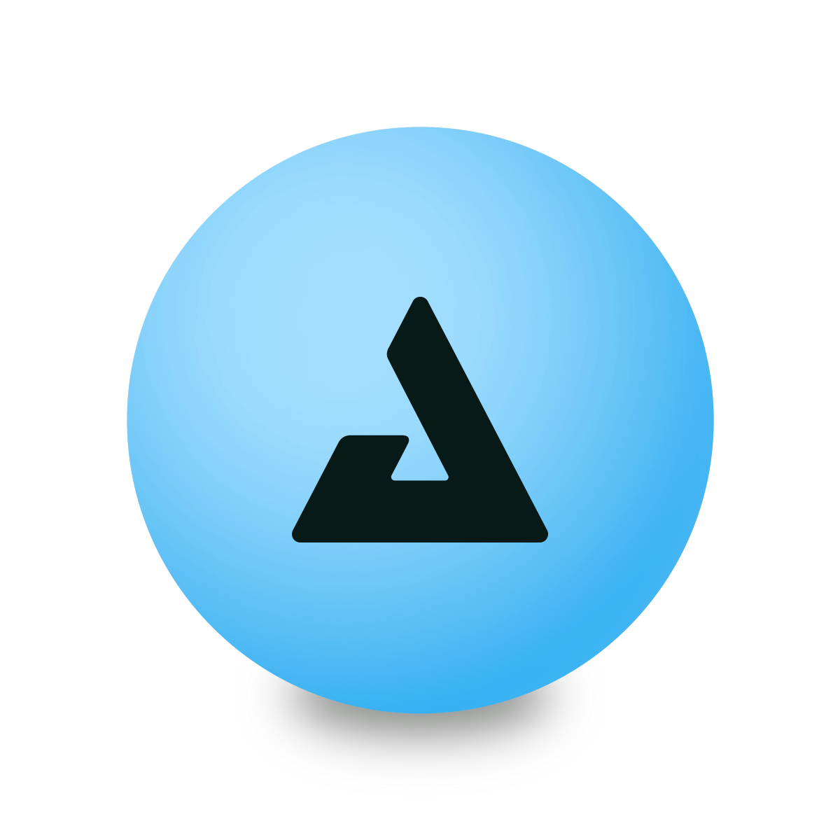 Blauer Gymnastikball mit schwarzem, stilisiertem Dreieck-Logo in der Mitte, auf weißem Hintergrund.