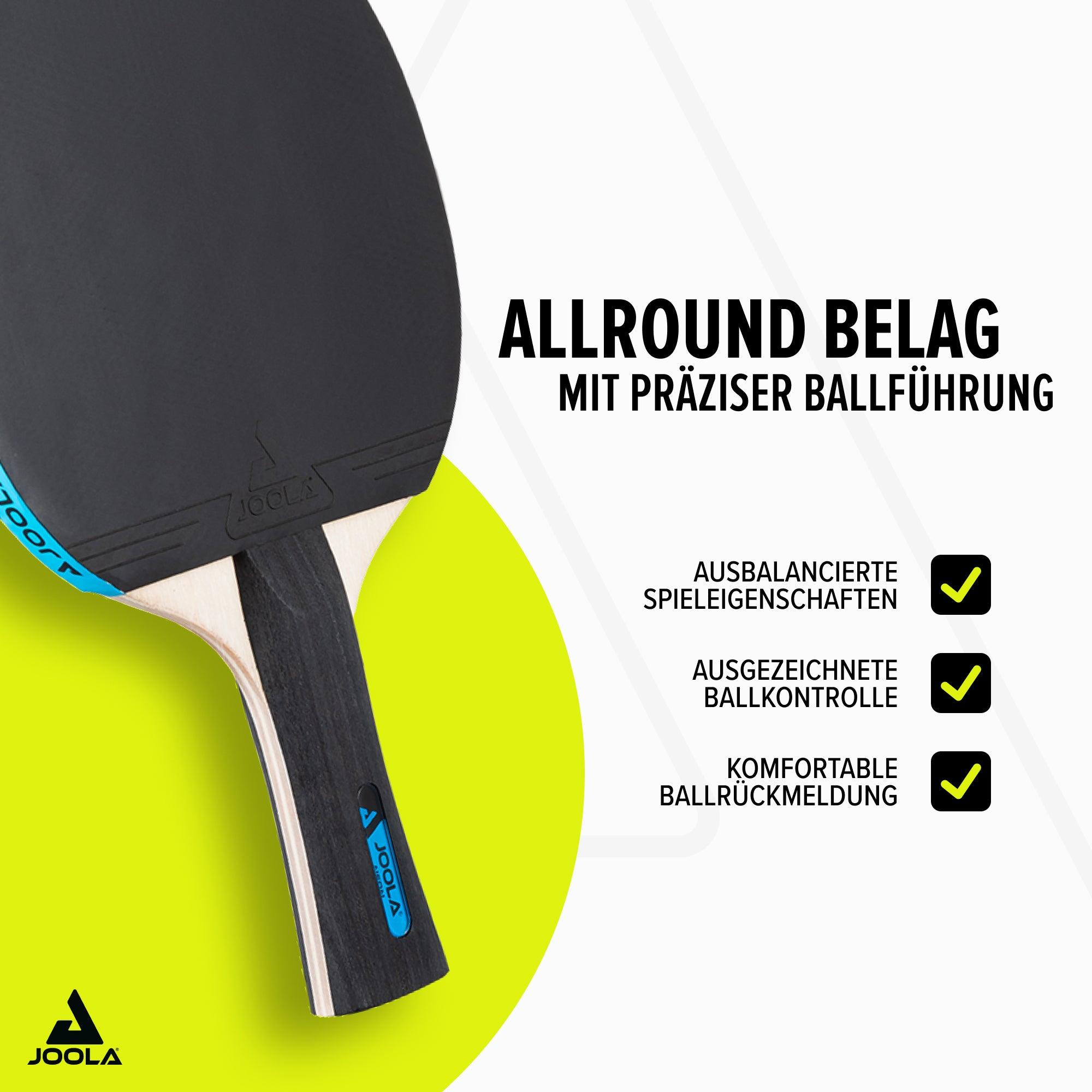 Schwarzer JOOLA Tischtennisschläger mit blauen Akzenten und Werbetext zu Spieleigenschaften auf weißem Hintergrund.