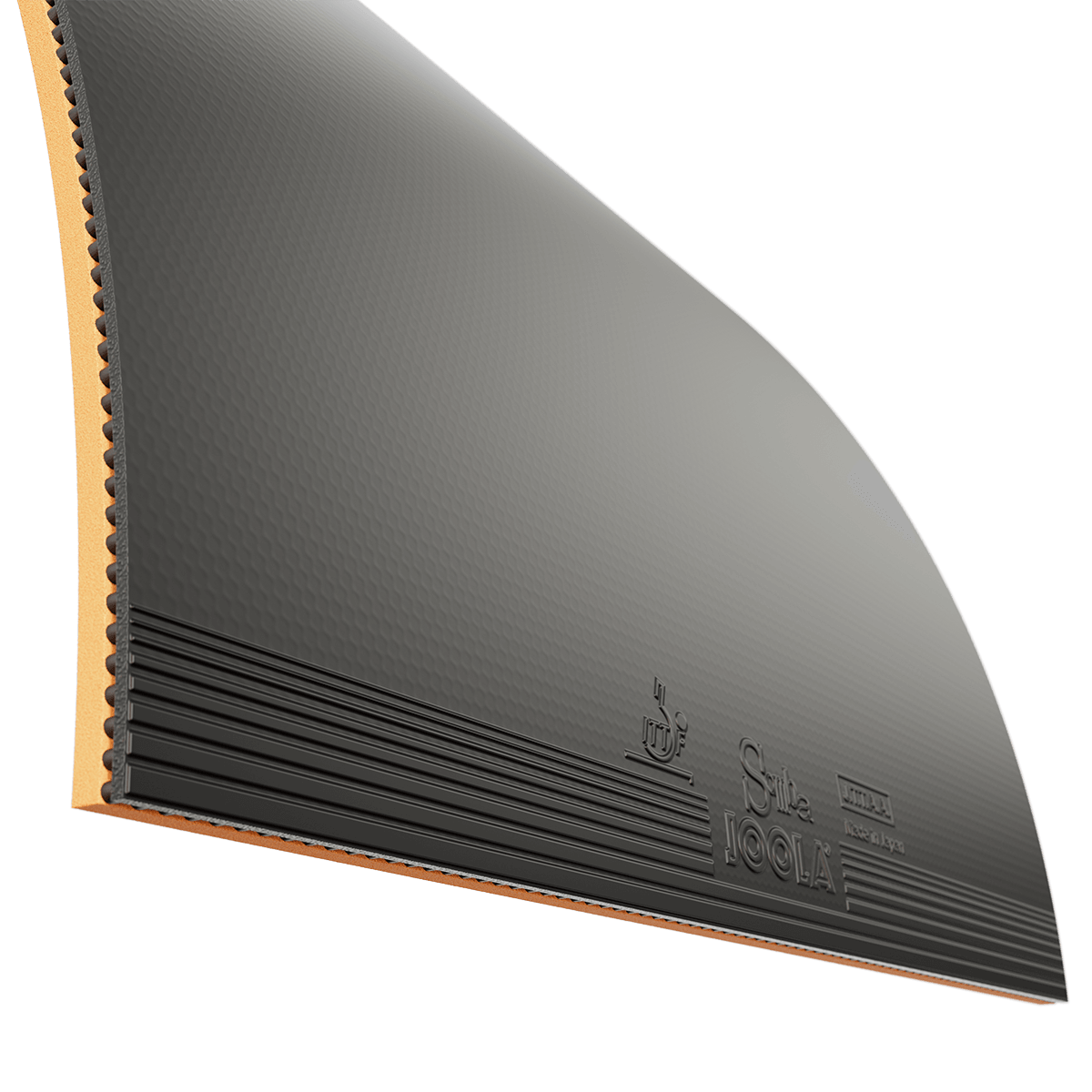 Schwarzer Tischtennisbelag mit orangener Schwamm-Schicht und JOOLA-Logo.