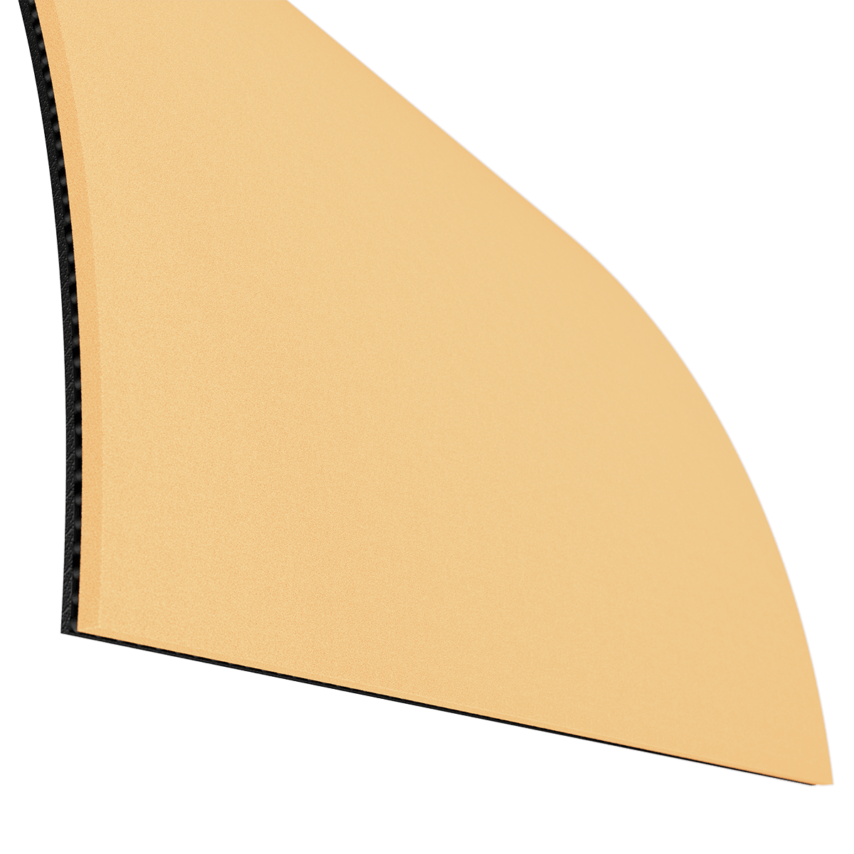 Nahaufnahme einer gelben, dreieckigen Mauspads mit schwarzer Unterseite.