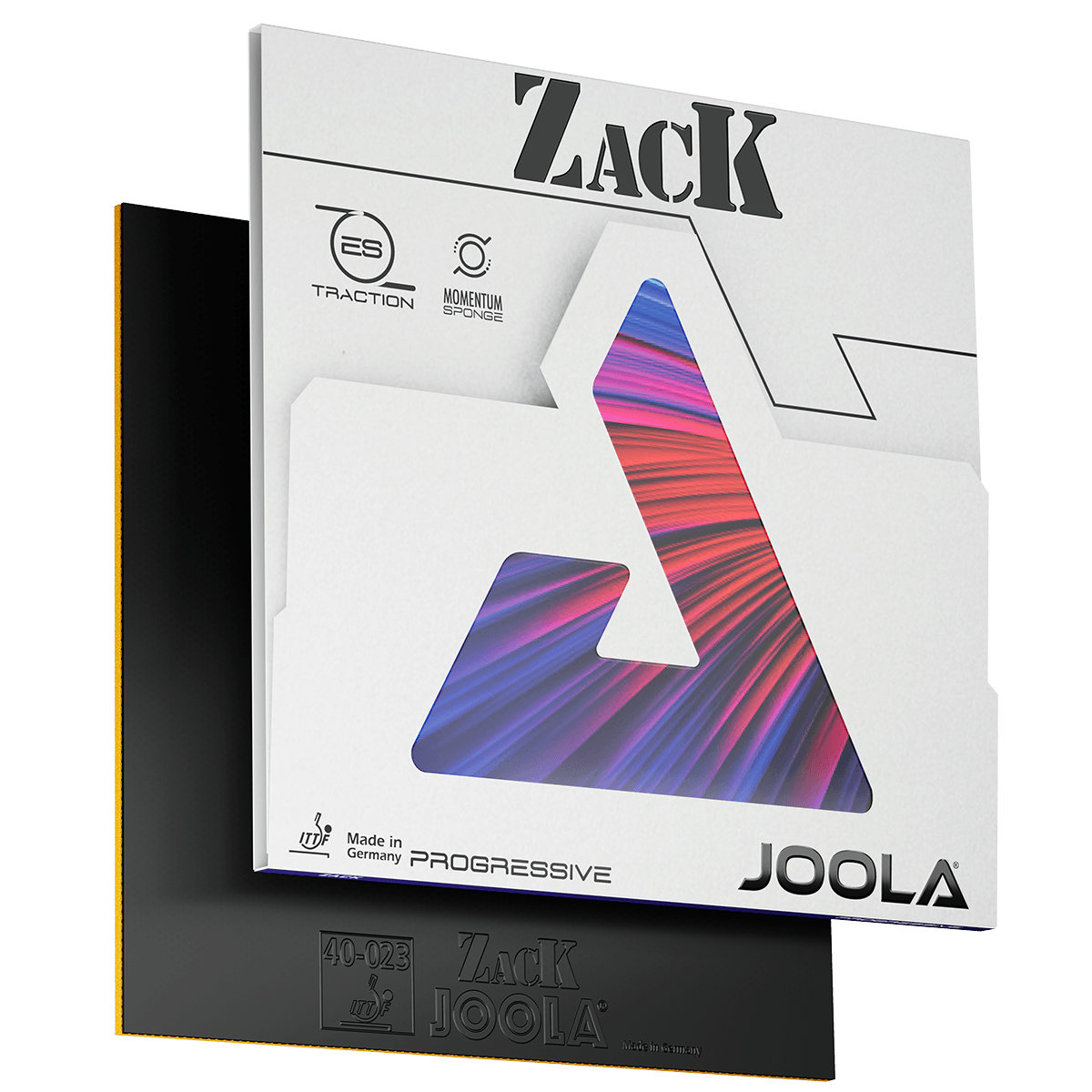 Verpackung eines JOOLA Zack Progressiv Tischtennisbelags mit schwarz-gelbem Belag.