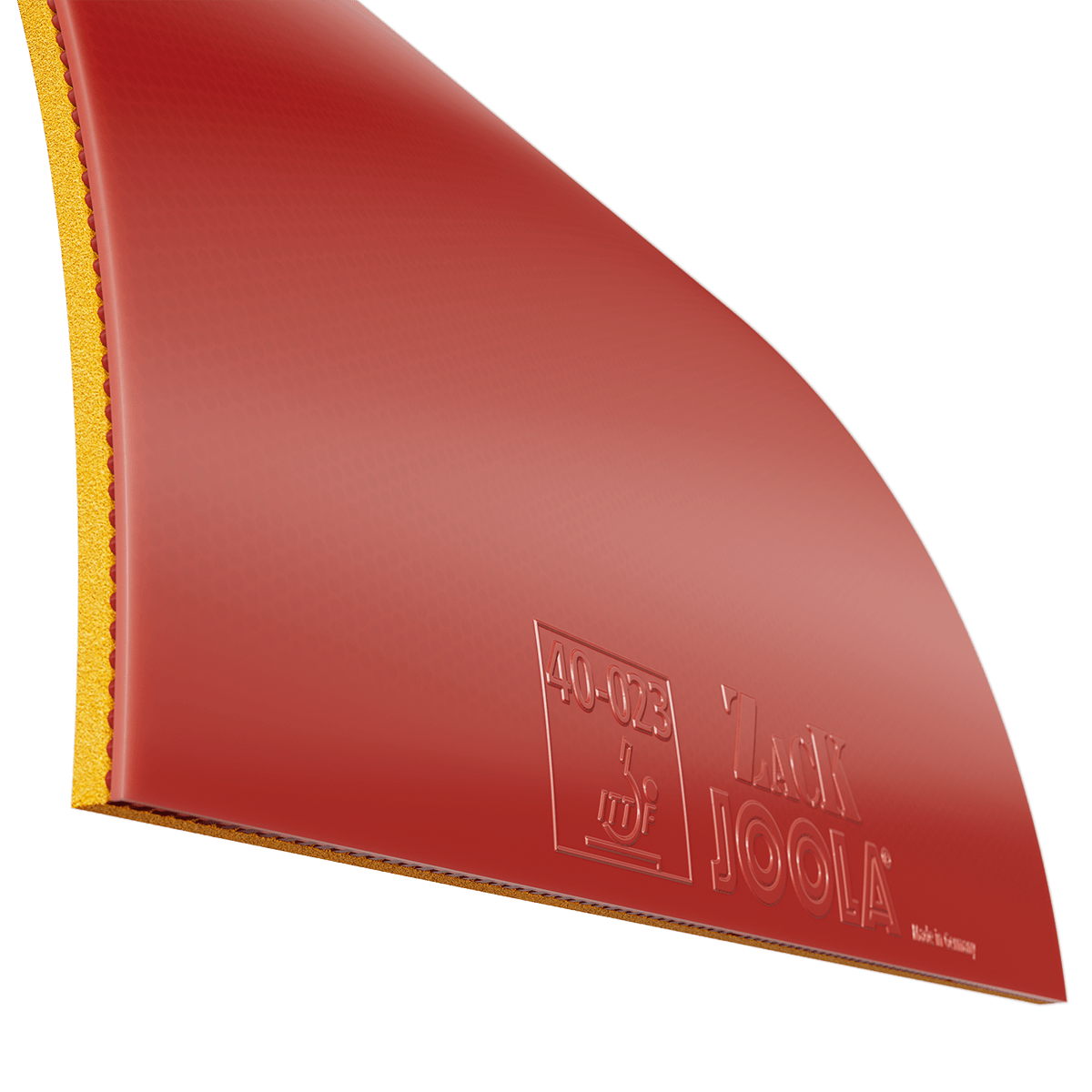 Tischtennisbelag JOOLA Zack rot mit Schwamm in Gelb, Nahaufnahme.