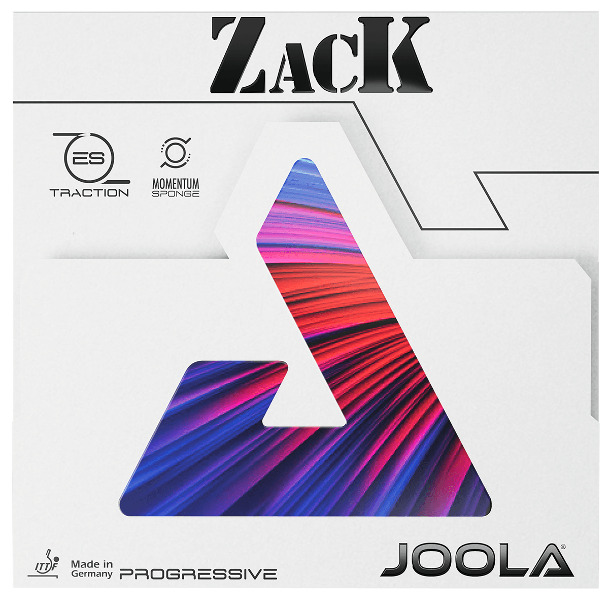 Verpackung eines JOOLA Tischtennisbelags "Zack" mit farbigem, dreieckigem Design und Schriftzug.