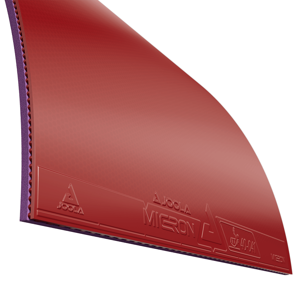 Roter JOOLA MICRON Tischtennisbelag mit strukturierter Oberfläche und violetter Schwammunterlage.