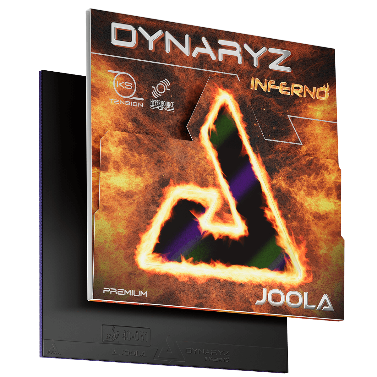 Tischtennisbelag JOOLA Dynaryz Inferno mit feuerrotem Design und Flammenmotiv.