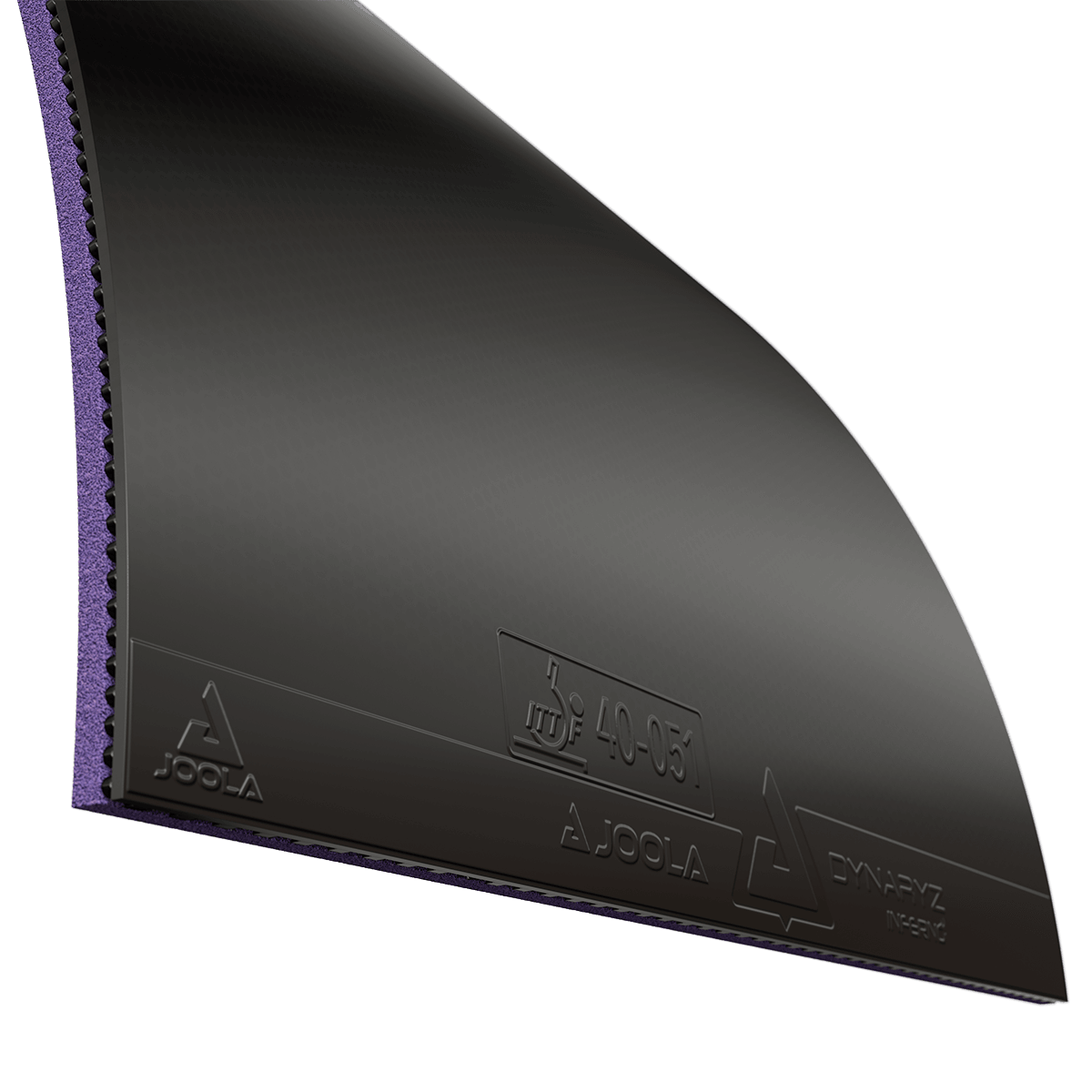 Schwarzer Tischtennisbelag JOOLA Dynaryz Inferno mit lila Schwamm.