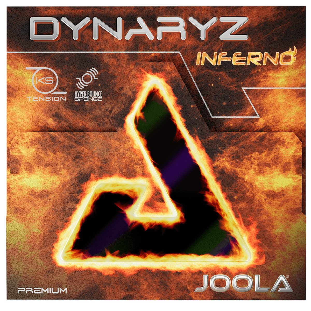 Verpackung für JOOLA Dynaryz Inferno Tischtennisbelag mit Flammen-Design und Schriftzug.