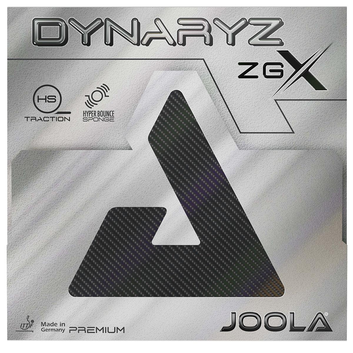 Verpackung des JOOLA Tischtennisbelags Dynaryz ZGX mit HS Traction und Hyper Bounce Sponge, Made in Germany.