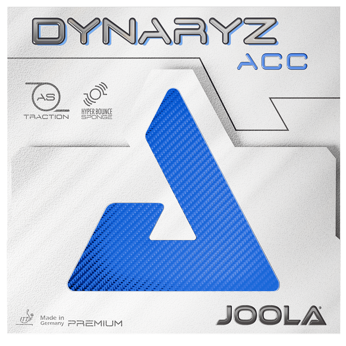 Produktbild eines JOOLA Dynaryz ACC Tischtennisbelags mit blauem Logo auf weißem Hintergrund.
