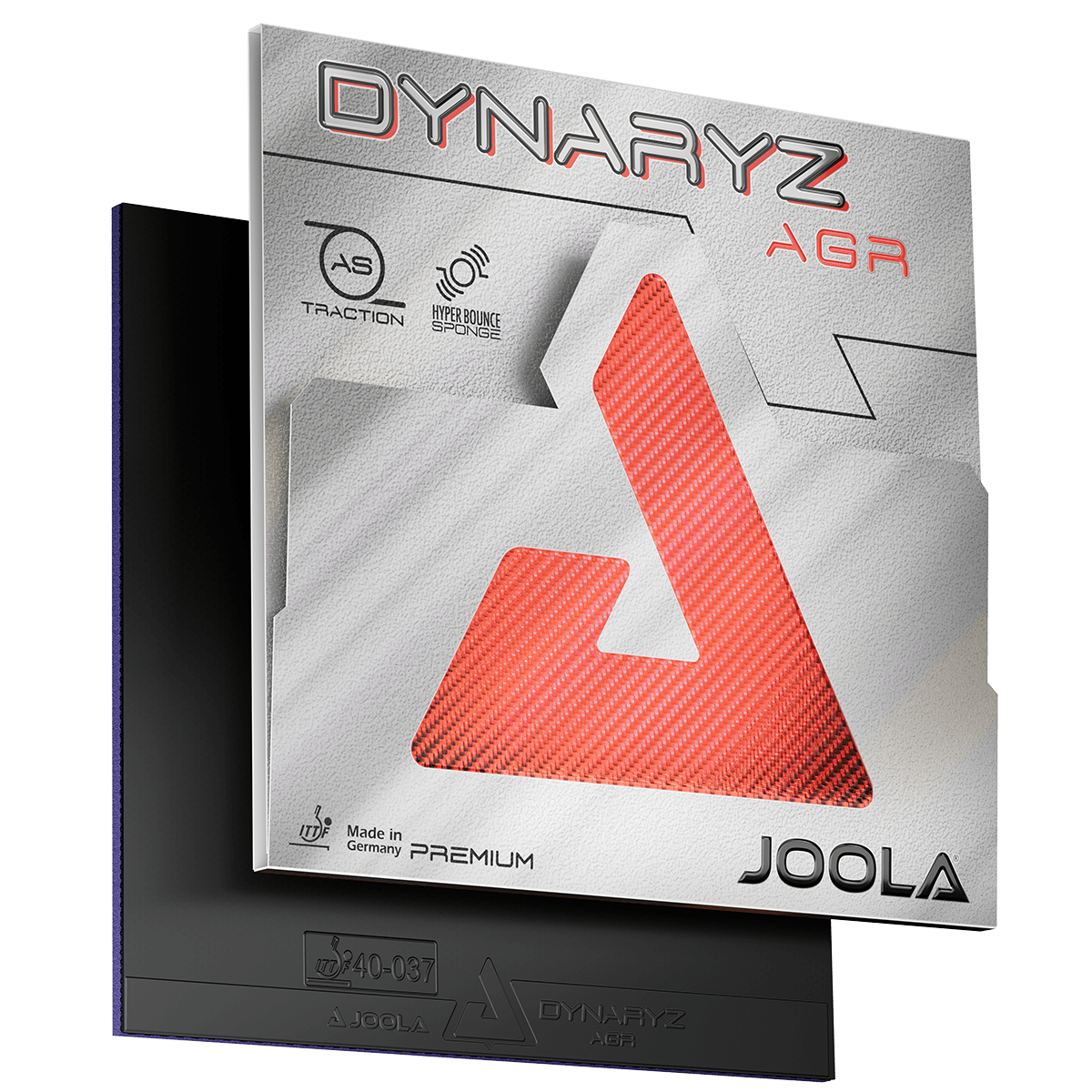 JOOLA Dynaryz AGR Tischtennisbelag mit schwarzem Schwamm und silber-roter Verpackung.