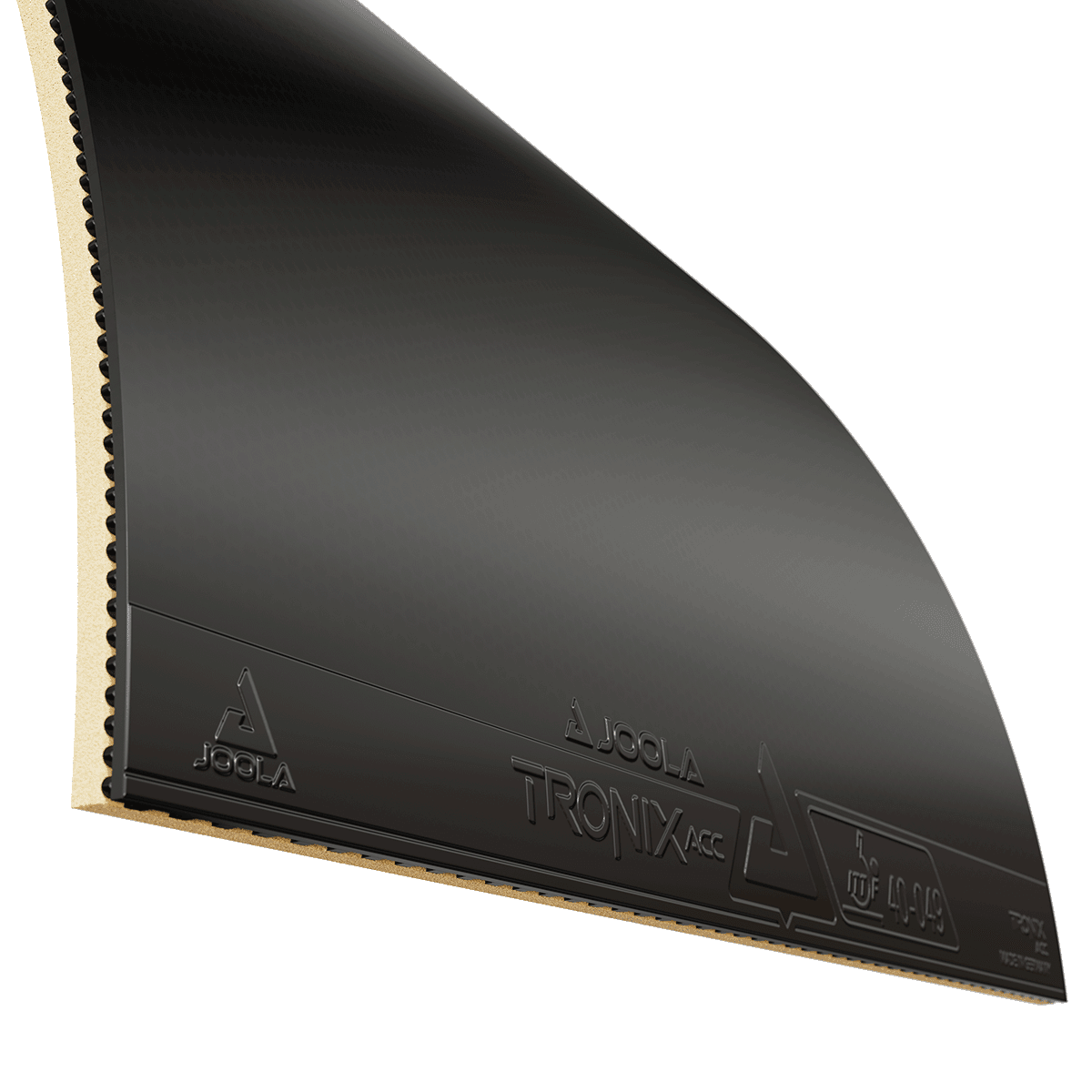 Schwarzer Tischtennisbelag JOOLA Tronix ACC mit Noppenstruktur und Holzschicht im Querschnitt.