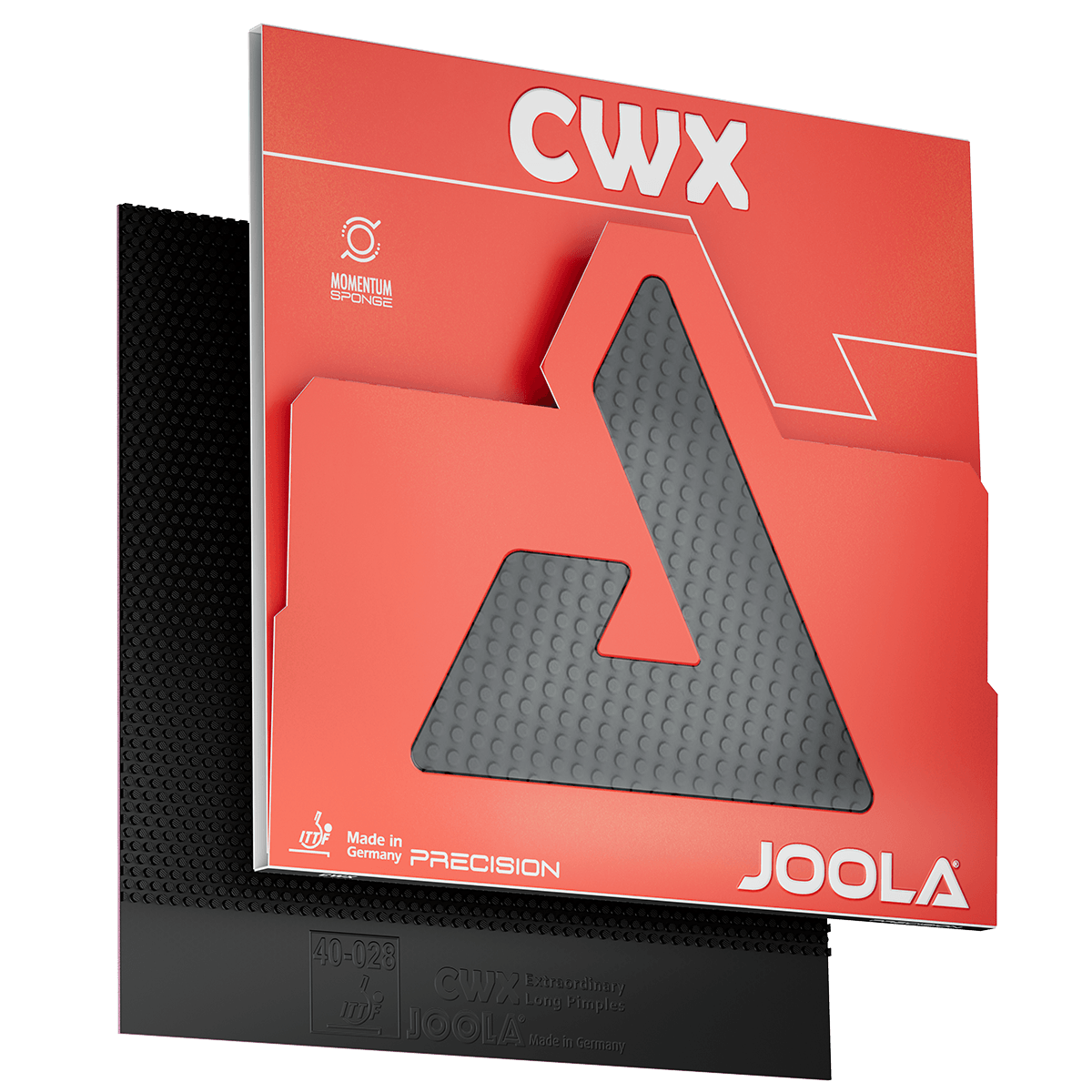 Produktbild eines JOOLA CWX Tischtennisbelags in schwarzer Farbe mit roter Verpackung und Sichtfenster, das die Noppenstruktur zeigt.