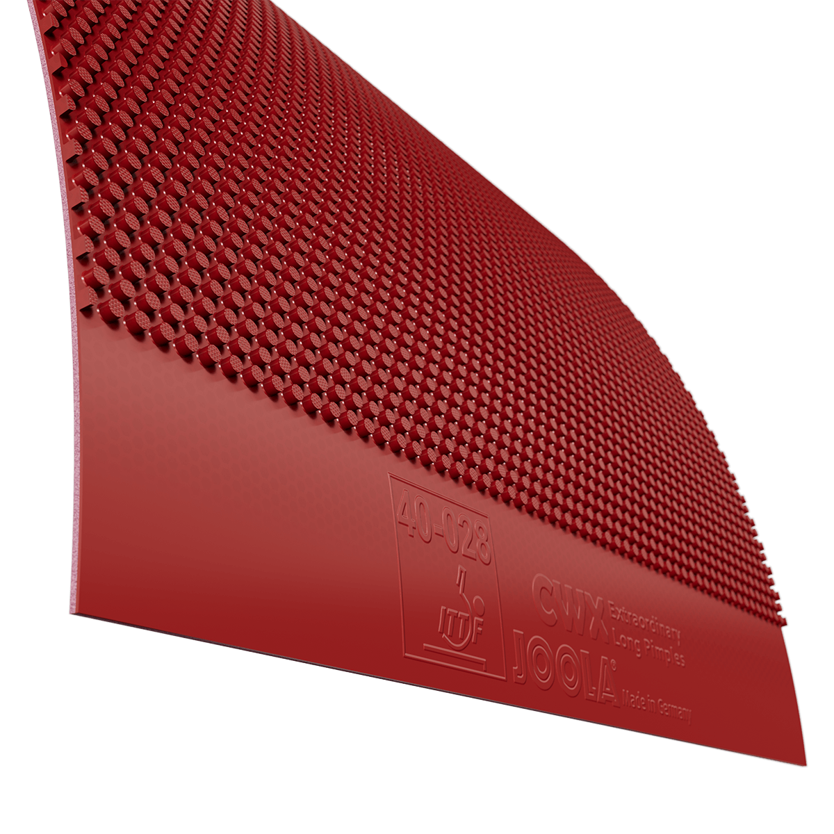 Rote Tischtennis-Belagplatte mit Noppenstruktur und eingeprägtem Logo sowie Schriftzug „JOOLA CWX Extraordinary Long Pimples“.
