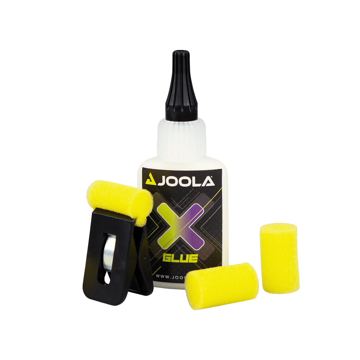 Flasche JOOLA X Glue Tischtenniskleber mit gelbem Applikator und zwei gelben Schwammrollen.