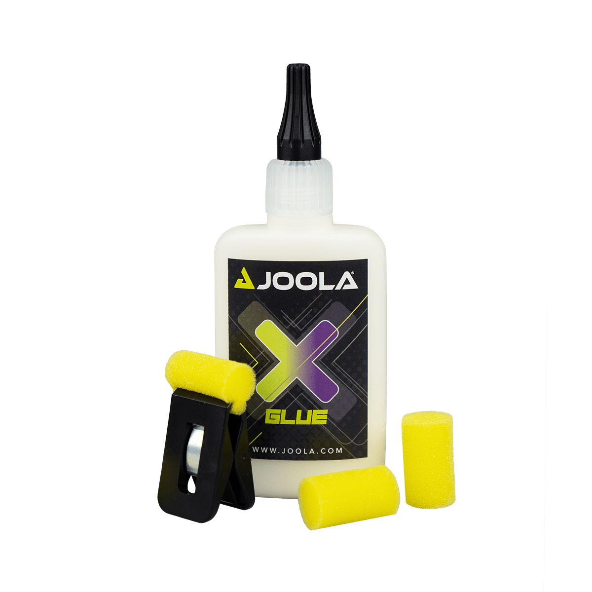 Flasche JOOLA X Glue Tischtenniskleber mit gelben Schwammapplikatoren.