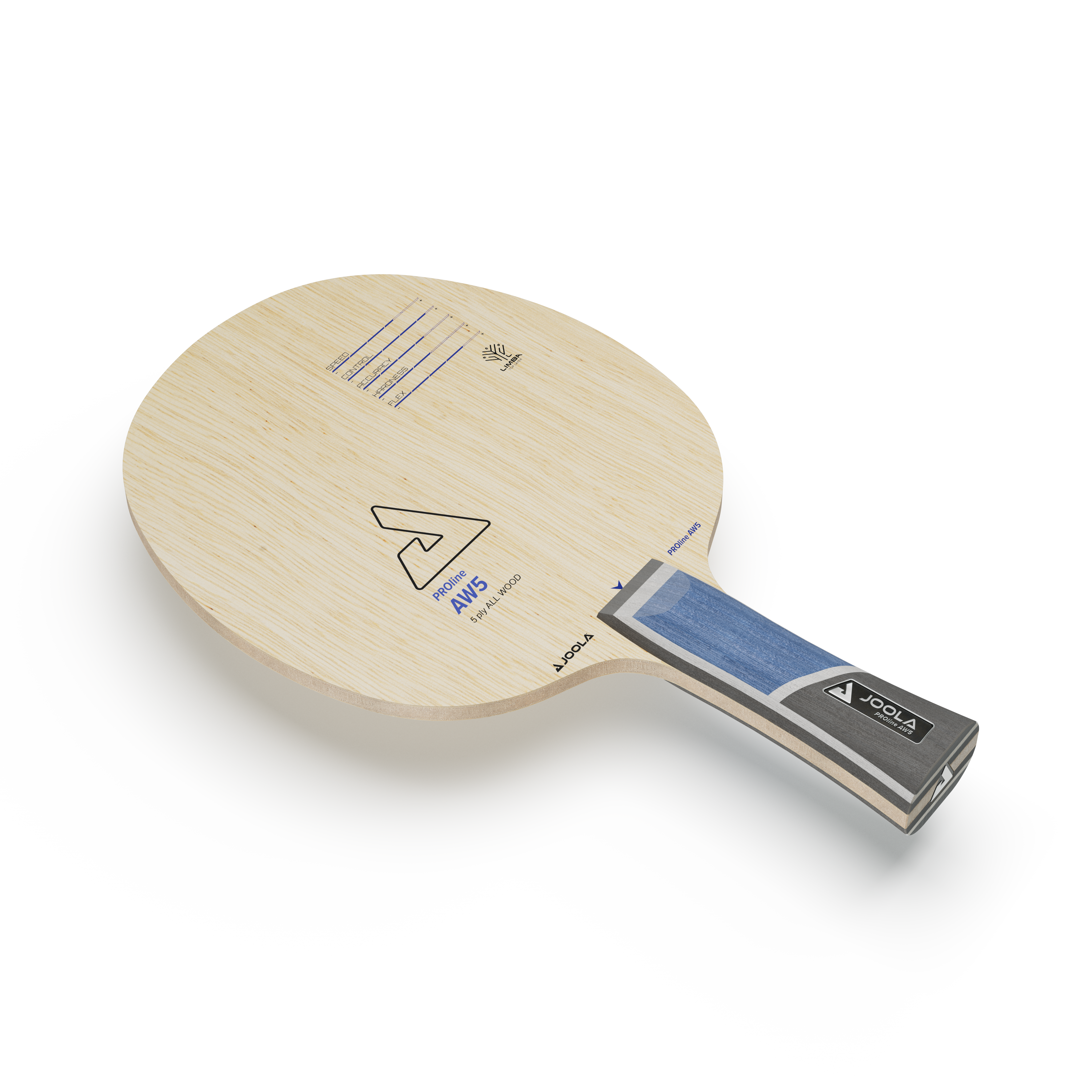 Tischtennisschläger JOOLA Proline AW5, 5-lagiges Holz, Naturholzgriff mit blauen und grauen Akzenten, ohne Belag.