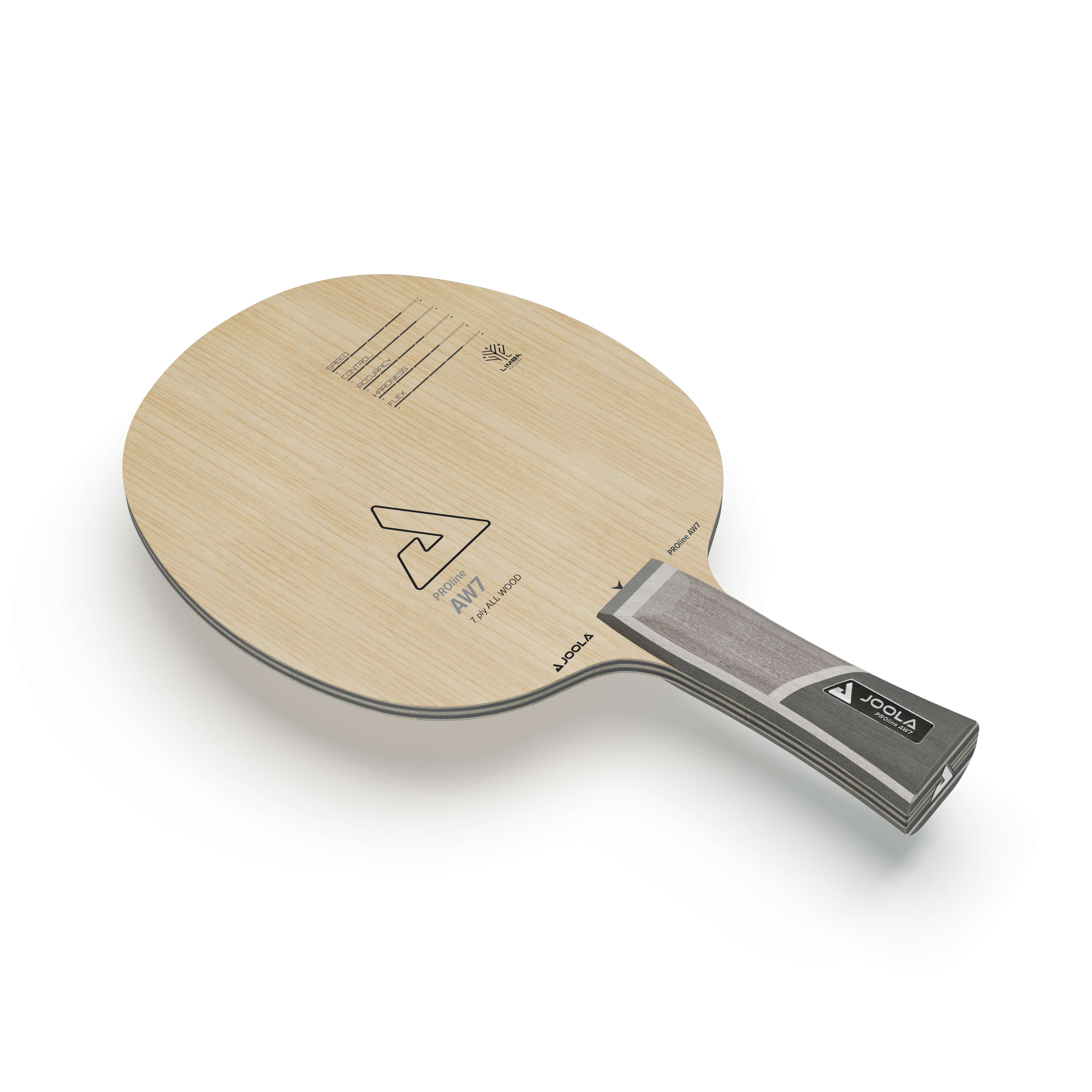Tischtennisschläger JOOLA Proline AW7 aus 7-lagigem Holz, naturfarben, mit Griff in Grau- und Schwarztönen.